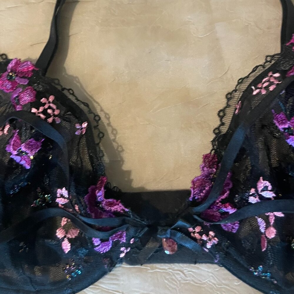 Victoria's Secret Black Embroidered Purple and Pink Accent Low Cut Demi - Picture 6 of 11